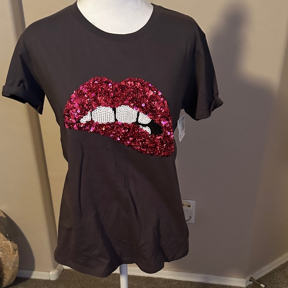 Cotton On Black Tee with Pink Sequin Lips
